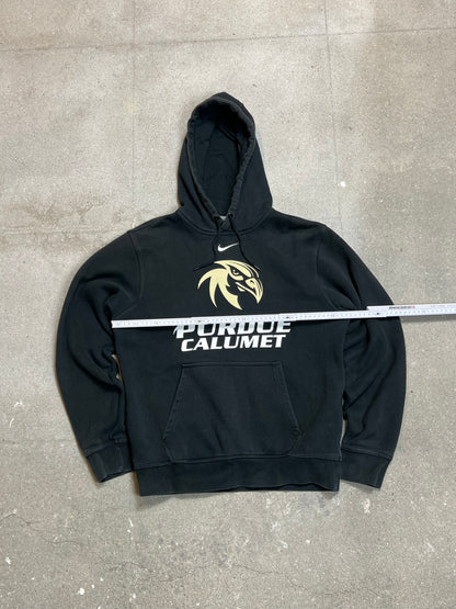 FADED BLACK VINTAGE NIKE 'CENTRE SWOOSH' UNIVERSITY HOODIE (S)
