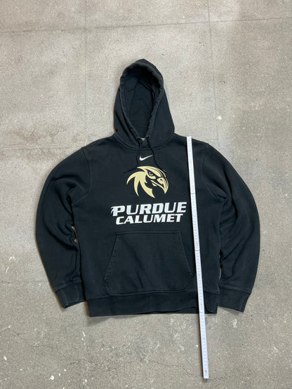 FADED BLACK VINTAGE NIKE 'CENTRE SWOOSH' UNIVERSITY HOODIE (S)