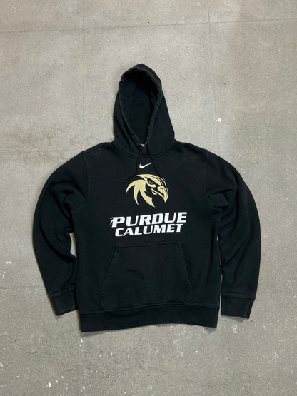 FADED BLACK VINTAGE NIKE 'CENTRE SWOOSH' UNIVERSITY HOODIE (S)