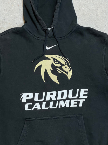 FADED BLACK VINTAGE NIKE 'CENTRE SWOOSH' UNIVERSITY HOODIE (S)