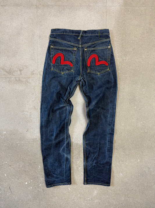 Evisu Red Seagull wide leg jeans dk washed Indigo Denim (W34"L34)