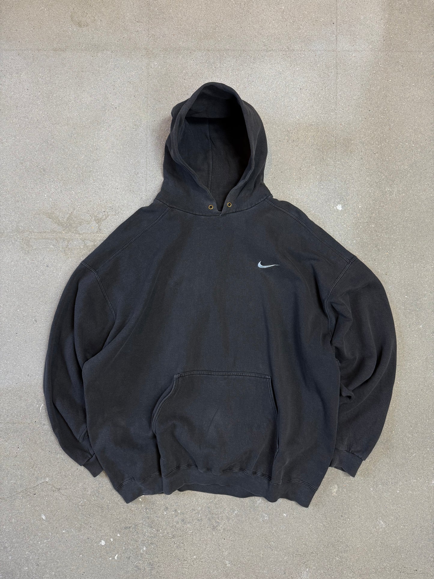 Rare Late 1990s Washed Black Made in USA Nike Swoosh Embroidery Logo Hoodie (XXL)