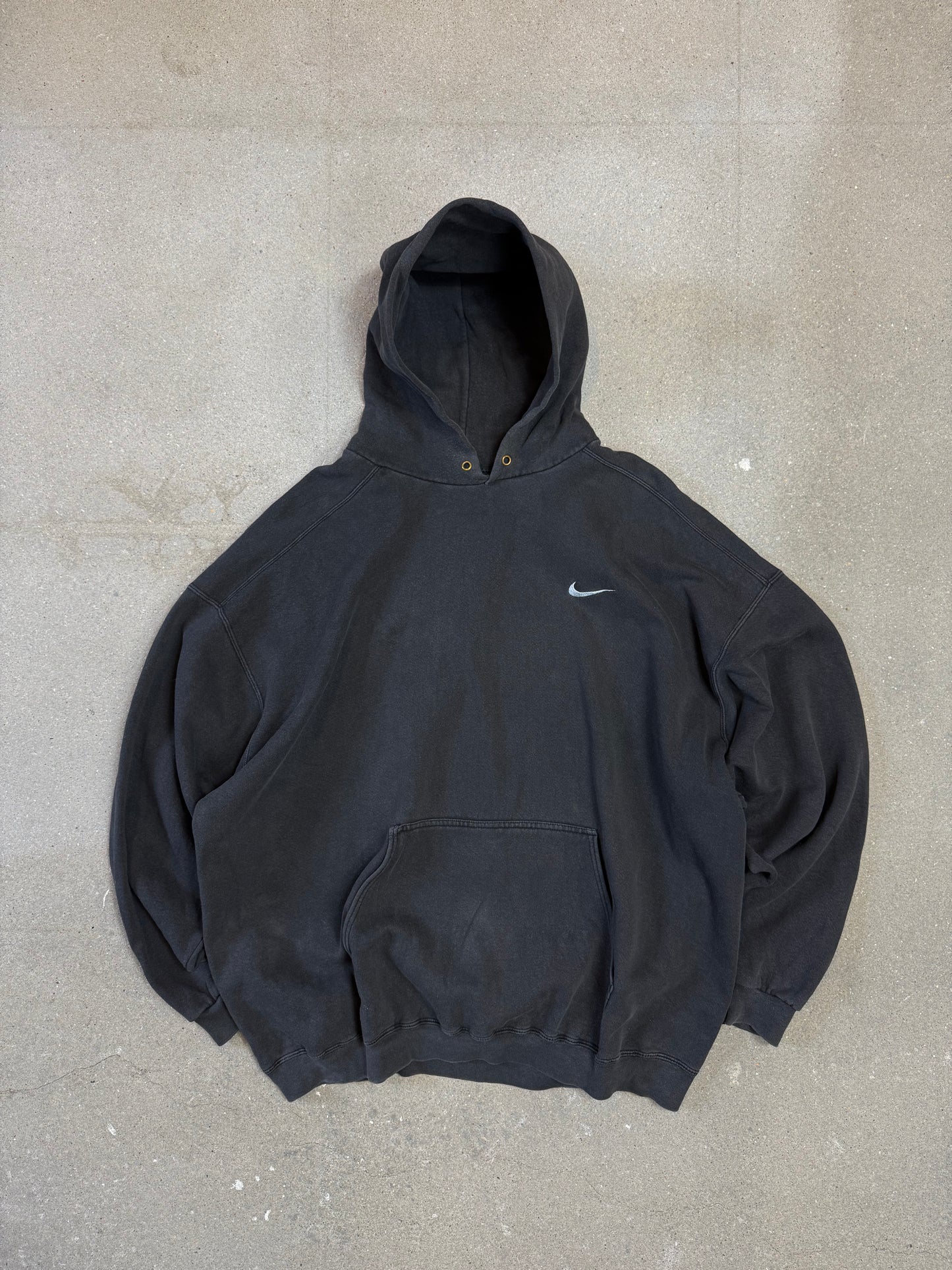 Rare Late 1990s Washed Black Made in USA Nike Swoosh Embroidery Logo Hoodie (XXL)