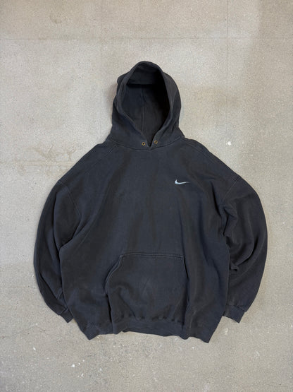 Rare Late 1990s Washed Black Made in USA Nike Swoosh Embroidery Logo Hoodie (XXL)