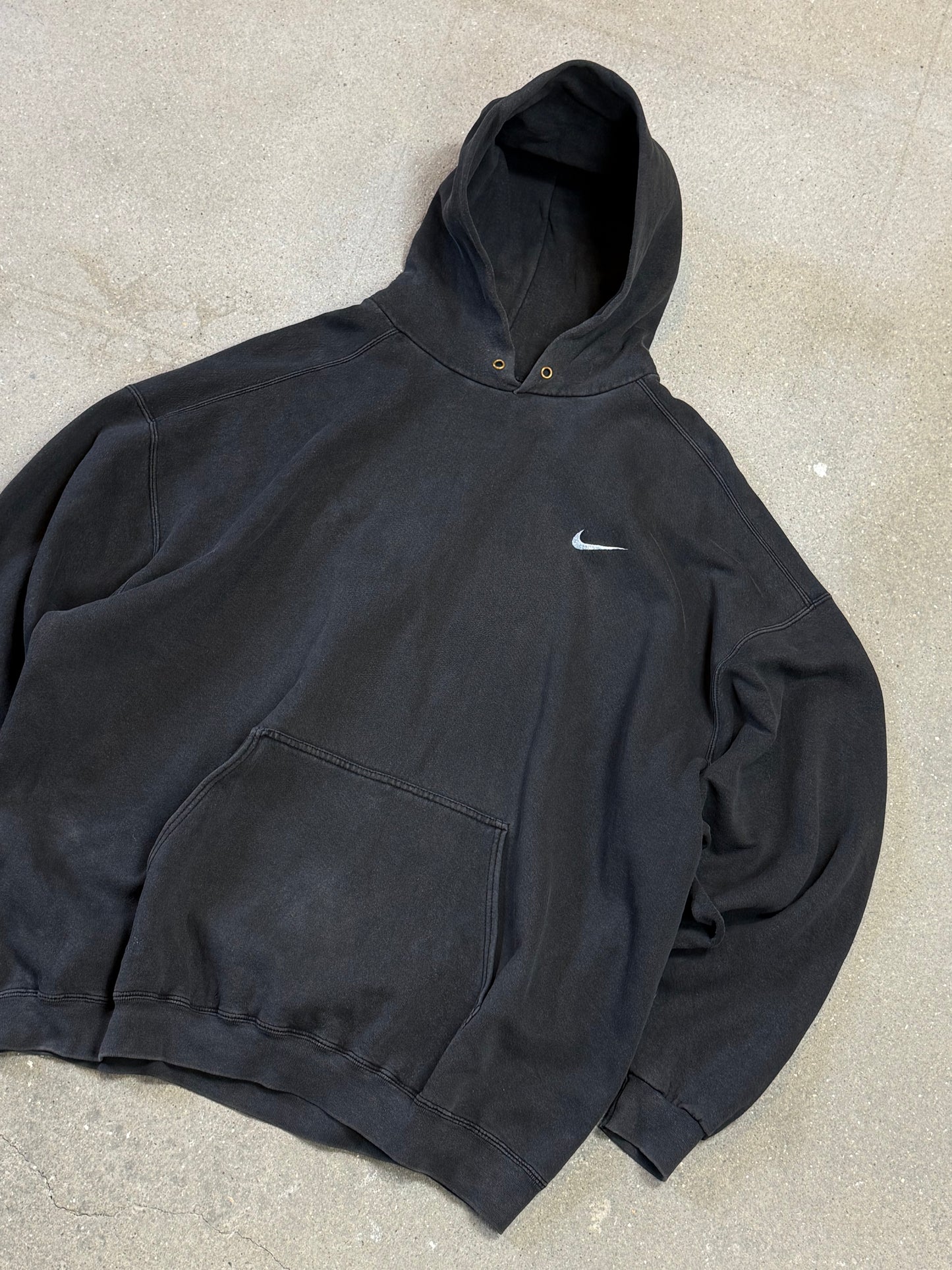 Rare Late 1990s Washed Black Made in USA Nike Swoosh Embroidery Logo Hoodie (XXL)