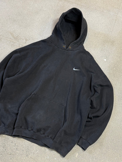 Rare Late 1990s Washed Black Made in USA Nike Swoosh Embroidery Logo Hoodie (XXL)