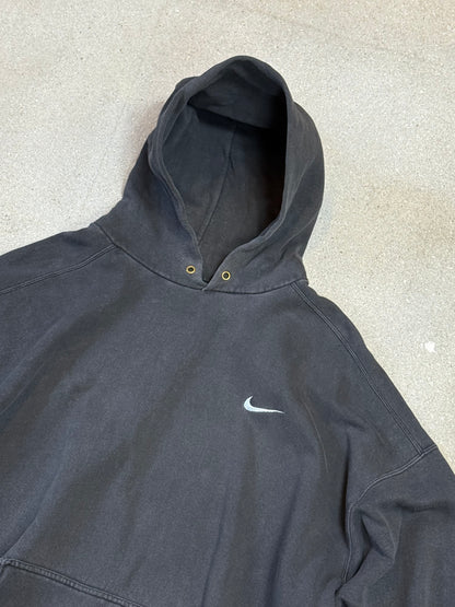 Rare Late 1990s Washed Black Made in USA Nike Swoosh Embroidery Logo Hoodie (XXL)