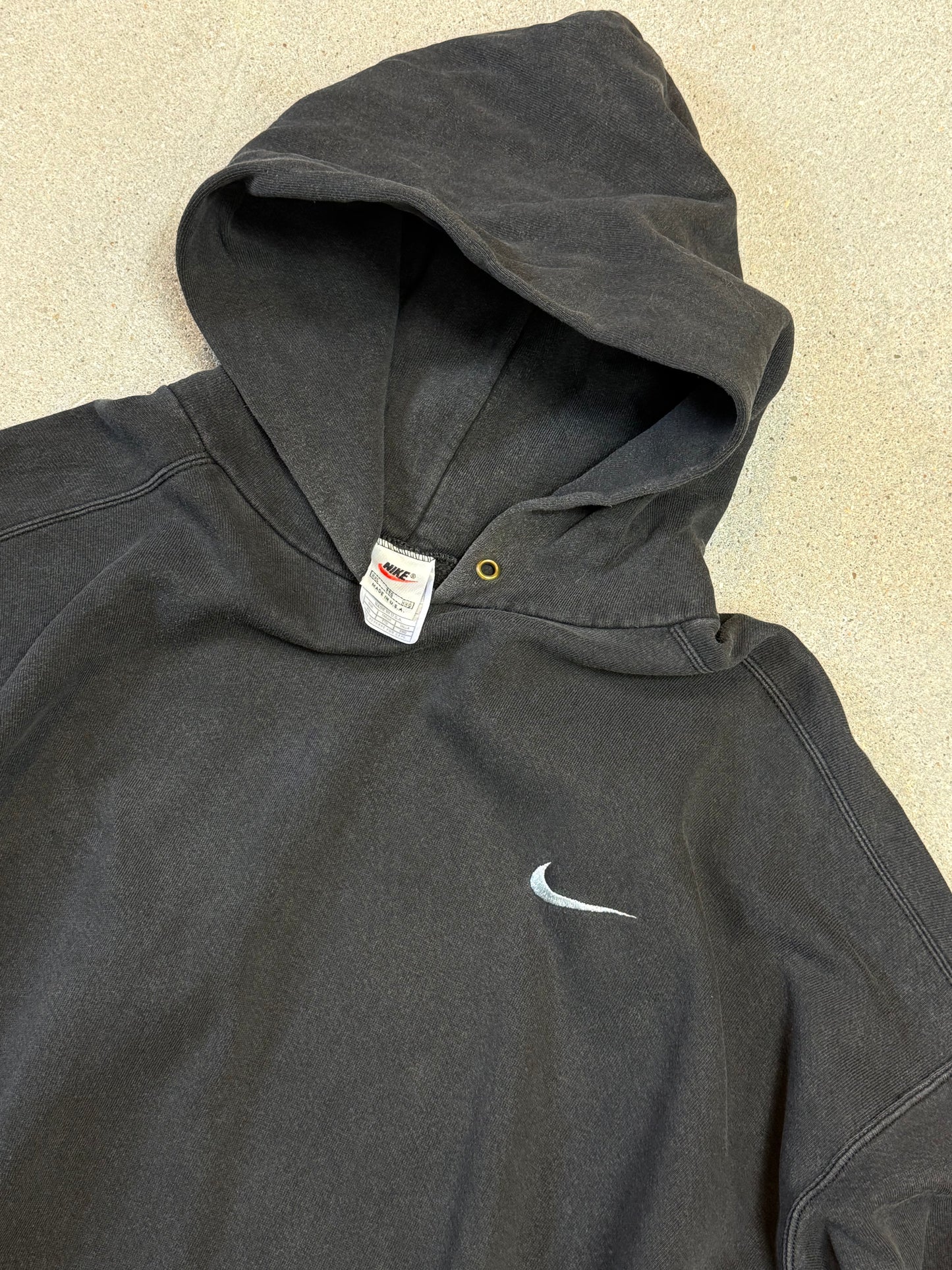 Rare Late 1990s Washed Black Made in USA Nike Swoosh Embroidery Logo Hoodie (XXL)