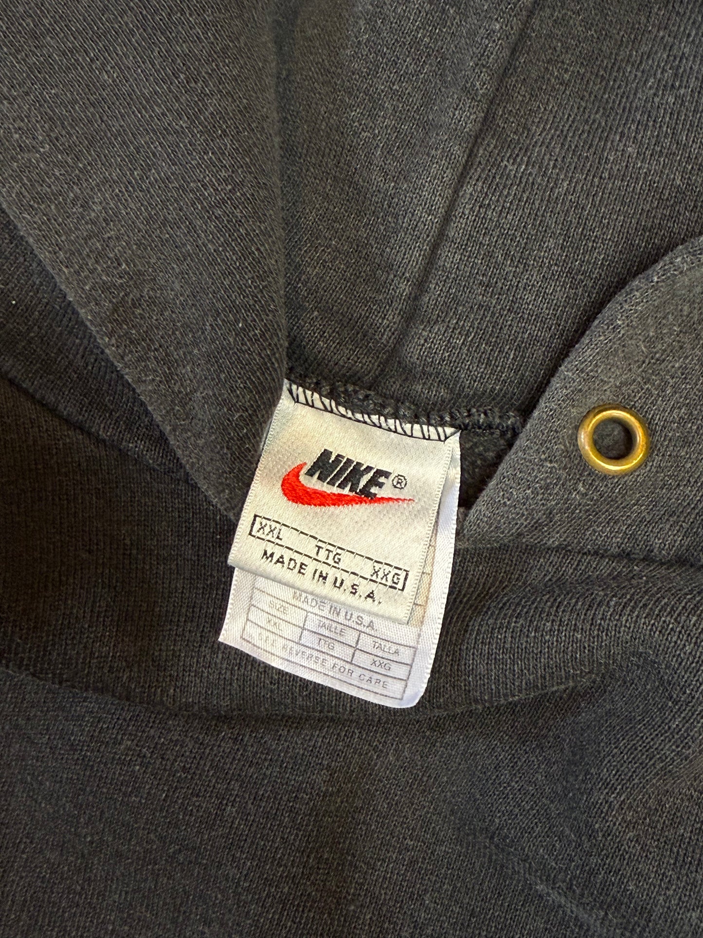 Rare Late 1990s Washed Black Made in USA Nike Swoosh Embroidery Logo Hoodie (XXL)