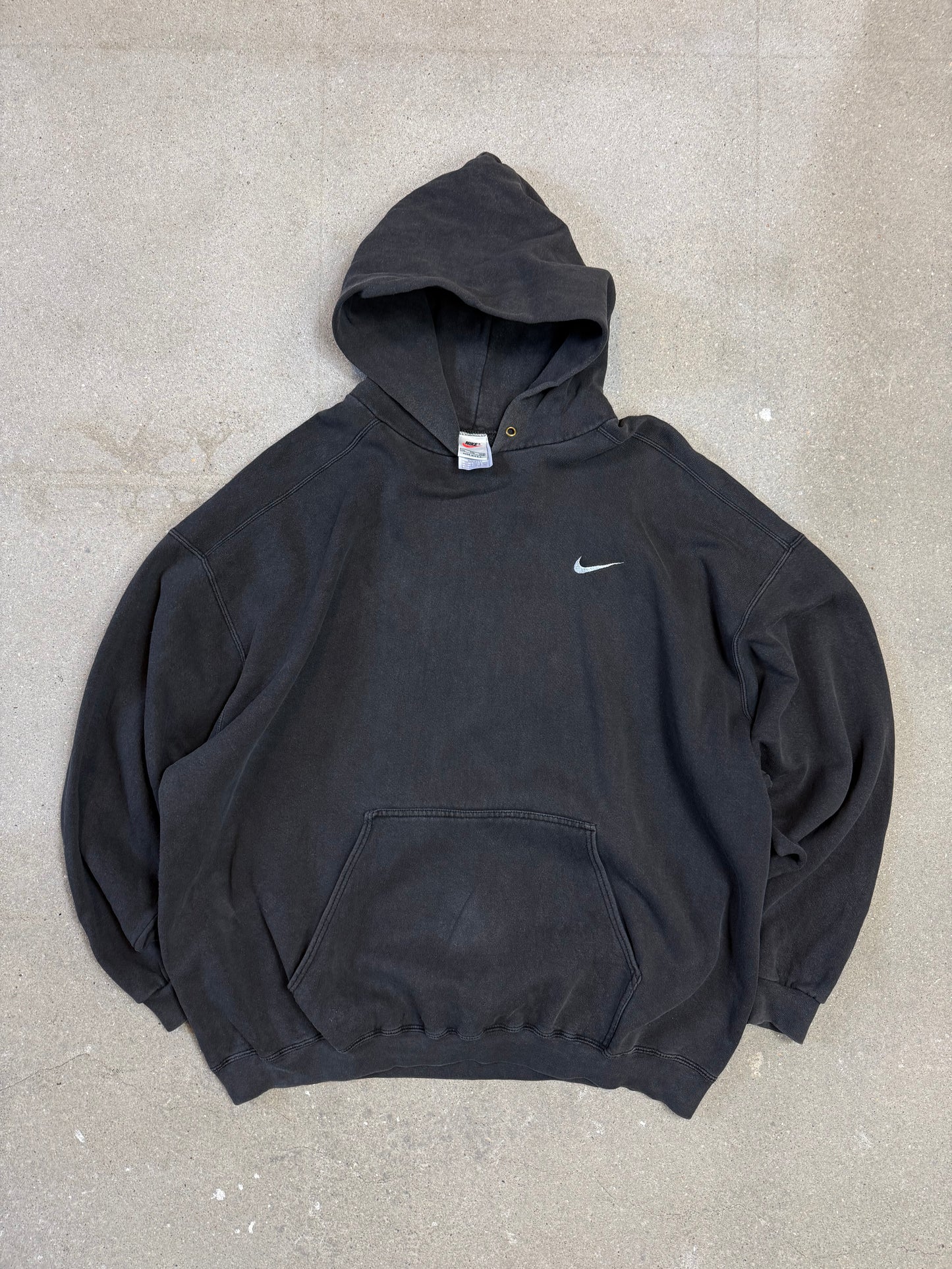 Rare Late 1990s Washed Black Made in USA Nike Swoosh Embroidery Logo Hoodie (XXL)