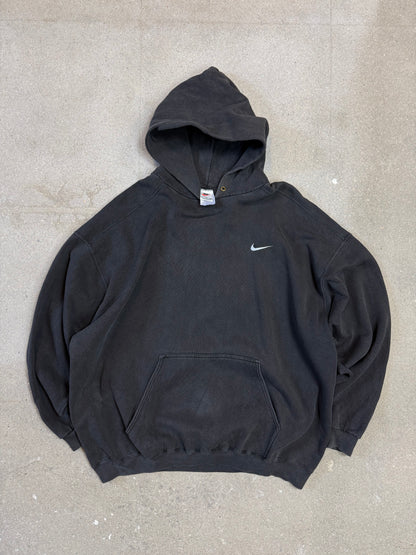 Rare Late 1990s Washed Black Made in USA Nike Swoosh Embroidery Logo Hoodie (XXL)