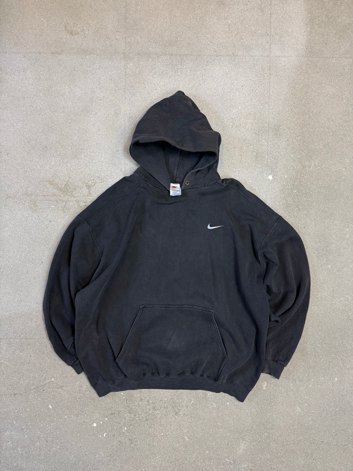 Rare Late 1990s Washed Black Made in USA Nike Swoosh Embroidery Logo Hoodie (XXL)