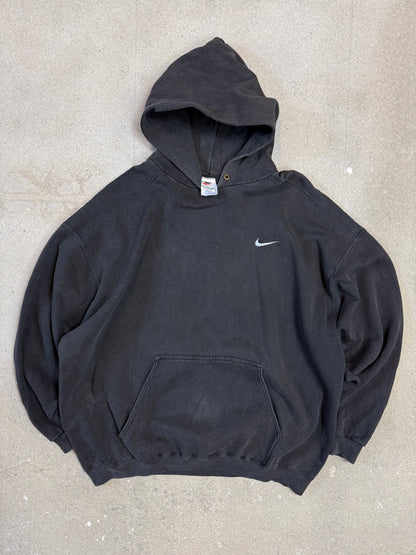 Rare Late 1990s Washed Black Made in USA Nike Swoosh Embroidery Logo Hoodie (XXL)
