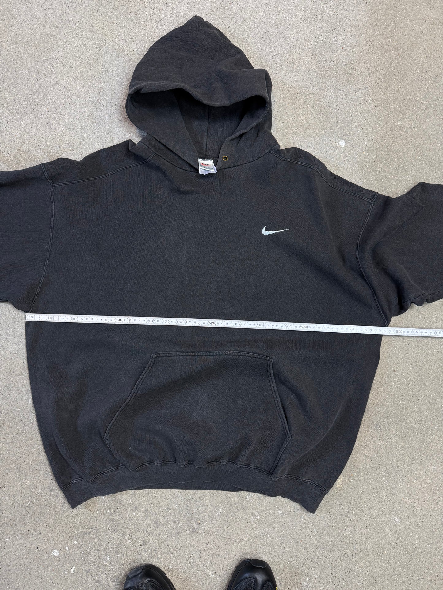 Rare Late 1990s Washed Black Made in USA Nike Swoosh Embroidery Logo Hoodie (XXL)