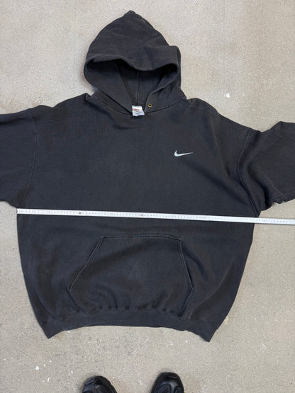 Rare Late 1990s Washed Black Made in USA Nike Swoosh Embroidery Logo Hoodie (XXL)