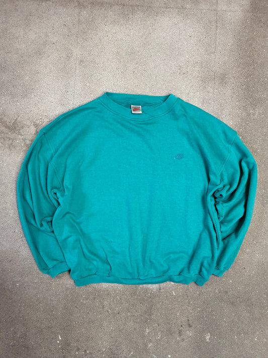 Early 90s Nike Made in Portugal Swoosh Logo Embroidery Boxy Sweatshirt Teal/Turquoise (Large)