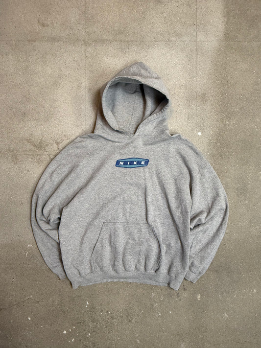 90s Heather Grey Nike blue spellout centre logo Hoodie (XL)