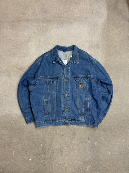 2005 Y2K Carhartt Jeans Jacket J12 DST Mens Medium Blue Denim Trucker Made in USA ( XL )
