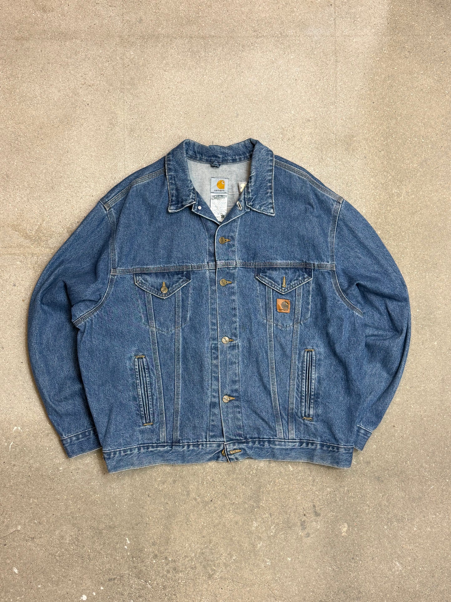 2005 Y2K Carhartt Jeans Jacket J12 DST Mens Medium Blue Denim Trucker Made in USA ( XL )