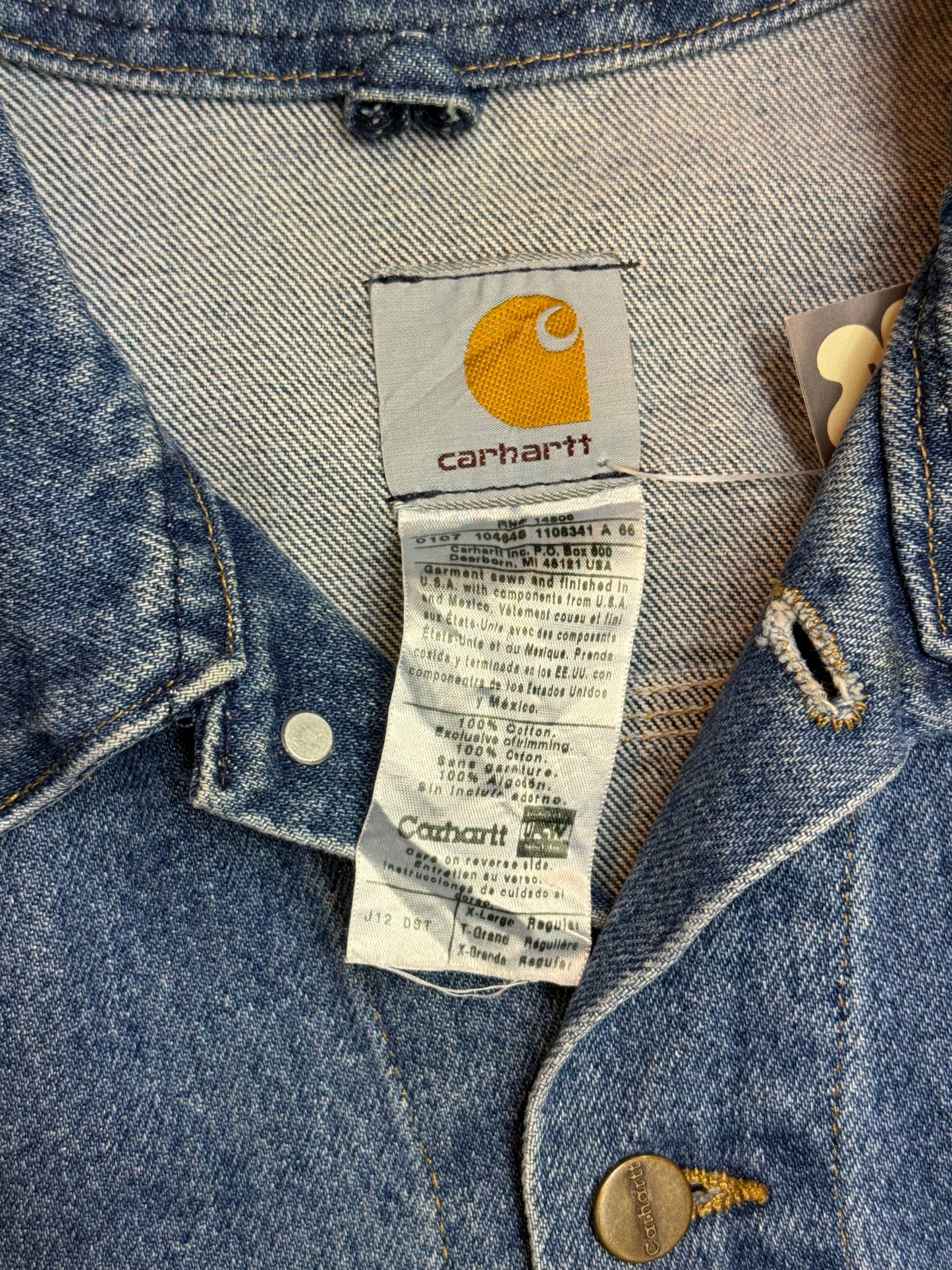 2005 Y2K Carhartt Jeans Jacket J12 DST Mens Medium Blue Denim Trucker Made in USA ( XL )