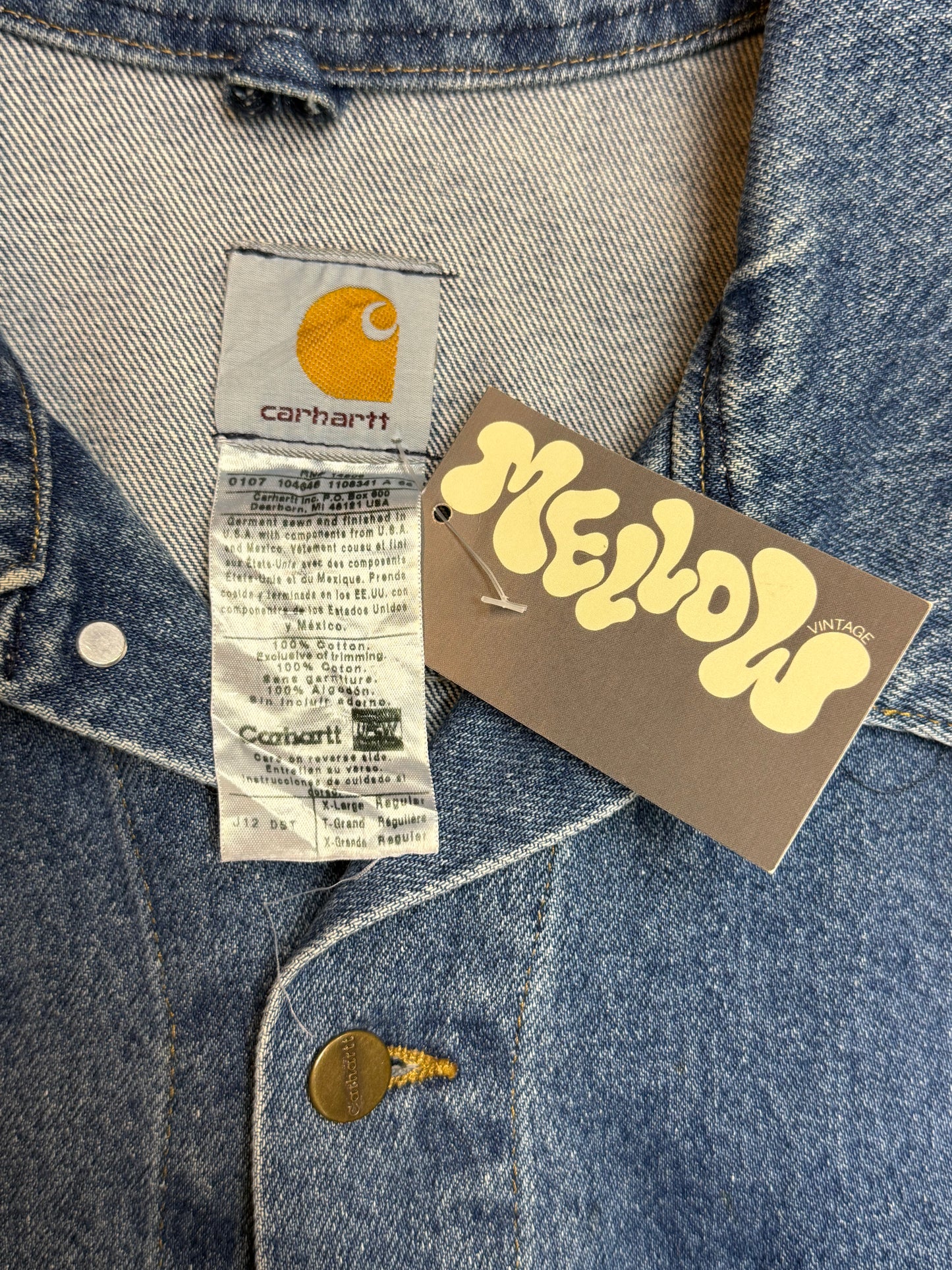 2005 Y2K Carhartt Jeans Jacket J12 DST Mens Medium Blue Denim Trucker Made in USA ( XL )