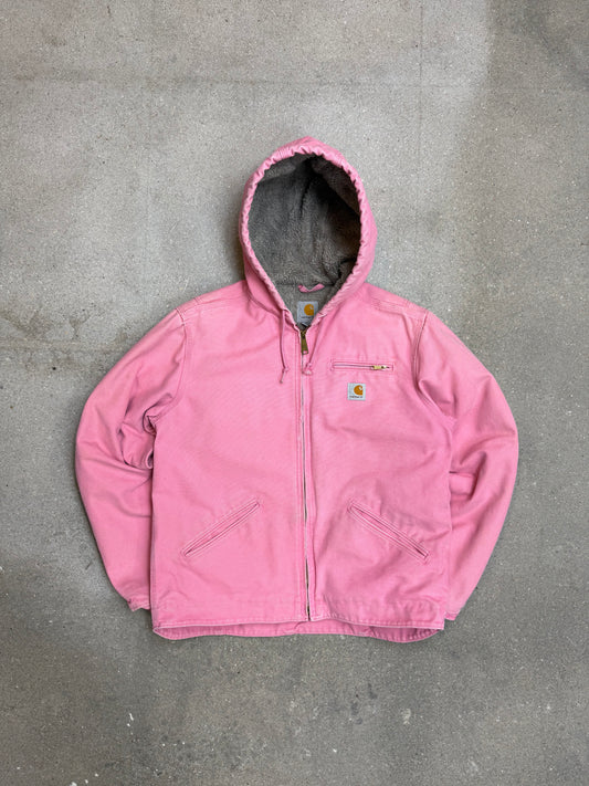 1990s Carhartt Lined Sherpa Hooded Active Jacket WJ141 PKR. Faded bubblegum (womens Small) (Youth Medium 8-10)