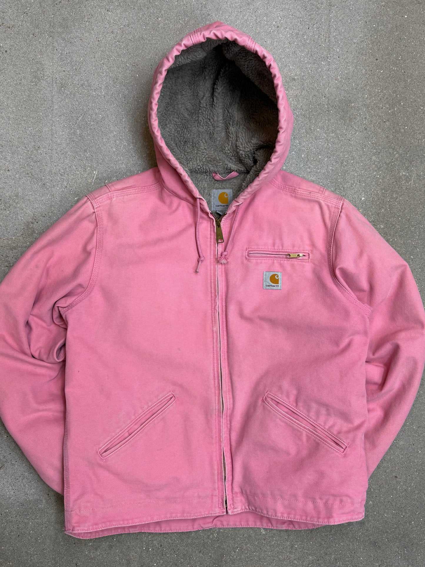 1990s Carhartt Lined Sherpa Hooded Active Jacket WJ141 PKR. Faded bubblegum (womens Small) (Youth Medium 8-10)