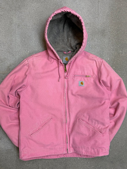 1990s Carhartt Lined Sherpa Hooded Active Jacket WJ141 PKR. Faded bubblegum (womens Small) (Youth Medium 8-10)