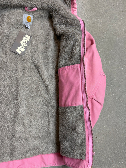 1990s Carhartt Lined Sherpa Hooded Active Jacket WJ141 PKR. Faded bubblegum (womens Small) (Youth Medium 8-10)