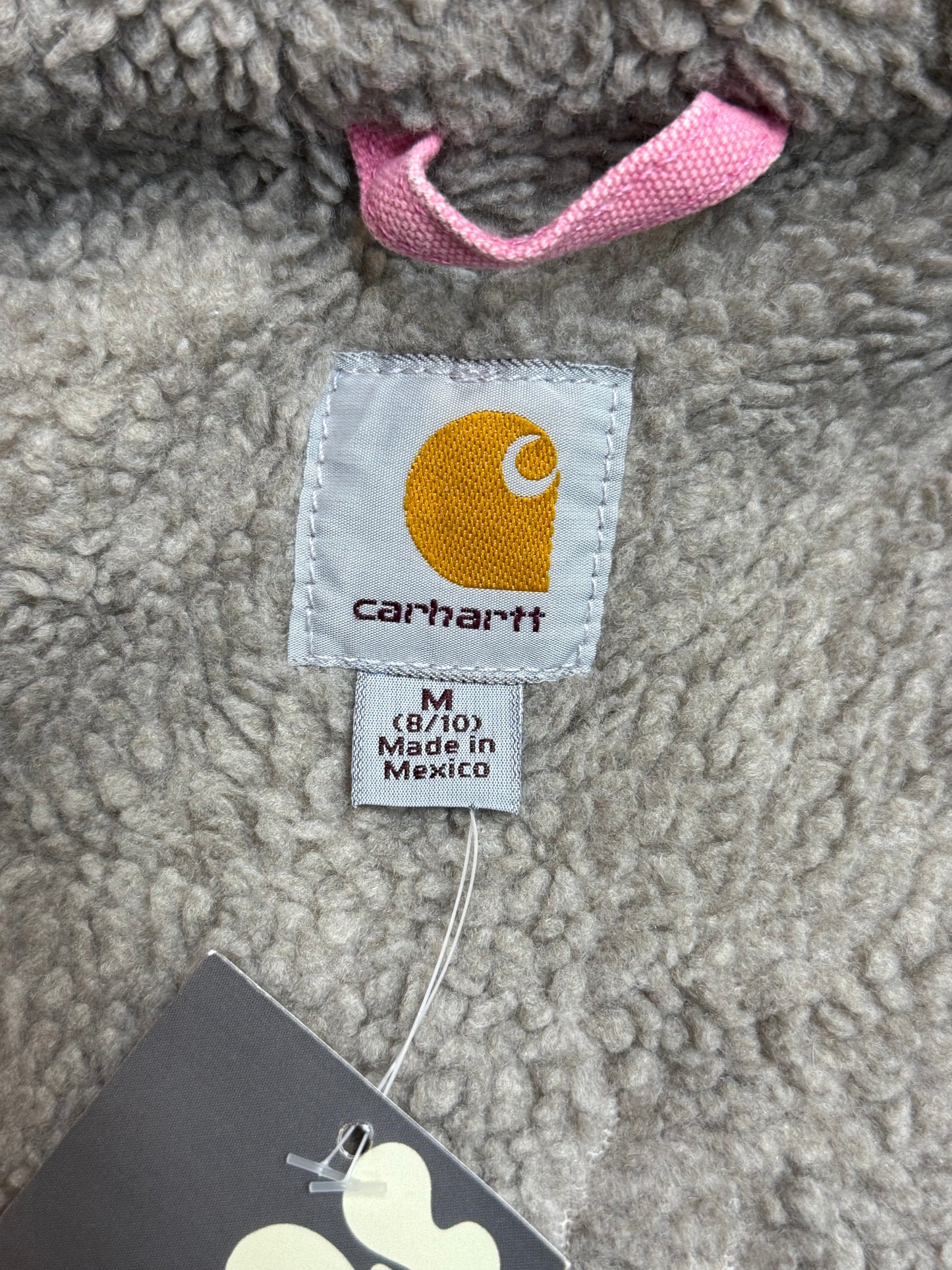 1990s Carhartt Lined Sherpa Hooded Active Jacket WJ141 PKR. Faded bubblegum (womens Small) (Youth Medium 8-10)