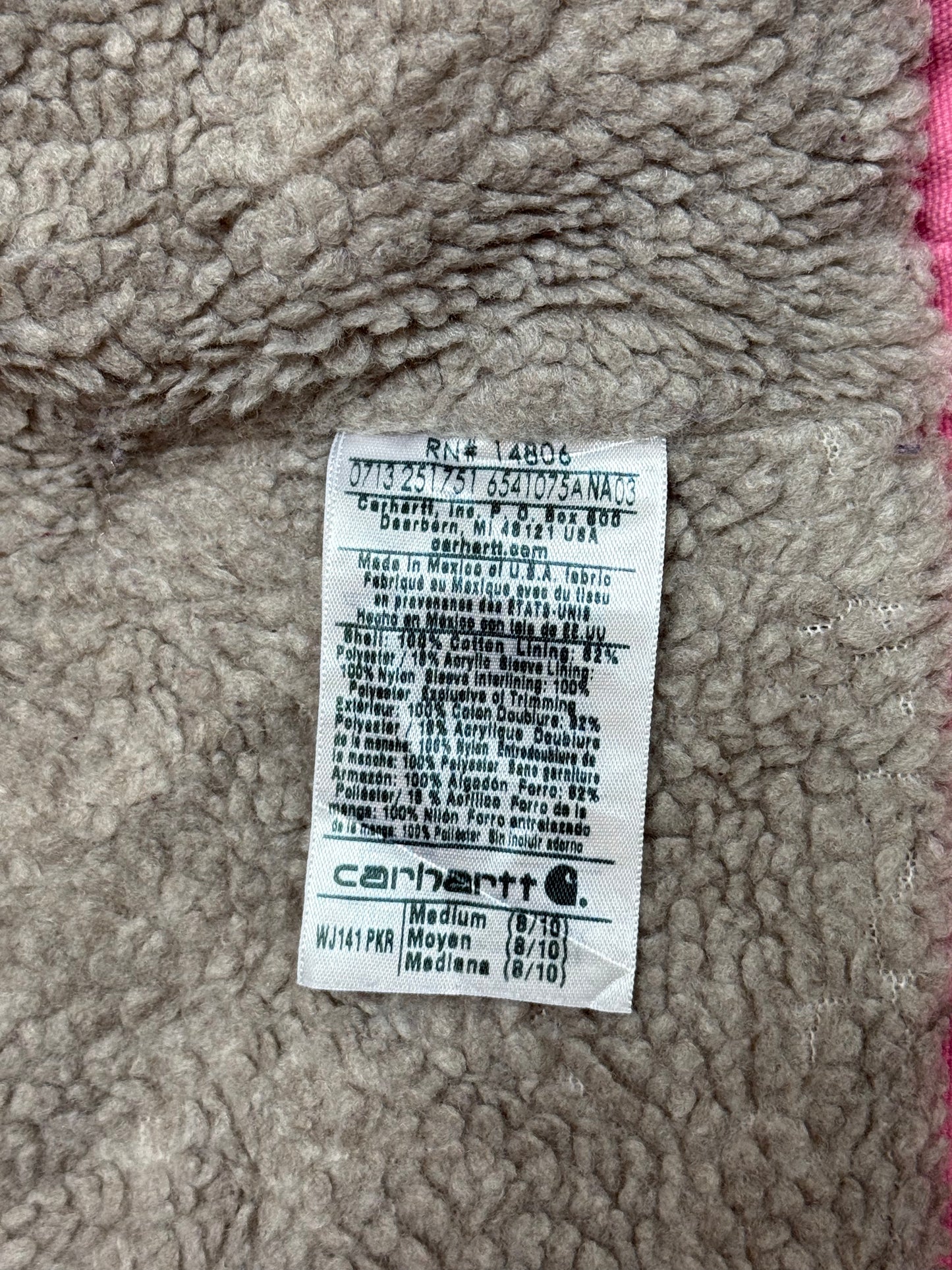 1990s Carhartt Lined Sherpa Hooded Active Jacket WJ141 PKR. Faded bubblegum (womens Small) (Youth Medium 8-10)