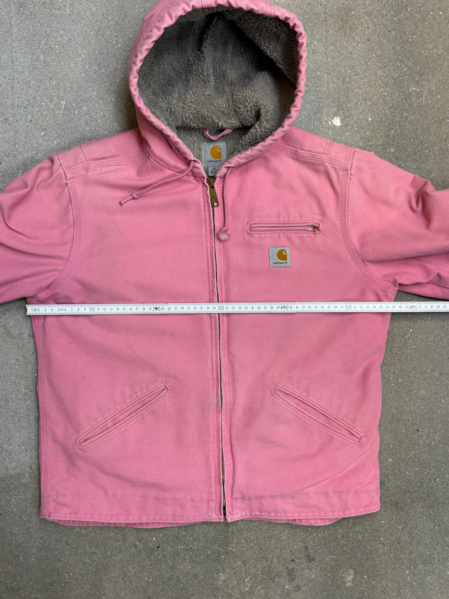1990s Carhartt Lined Sherpa Hooded Active Jacket WJ141 PKR. Faded bubblegum (womens Small) (Youth Medium 8-10)