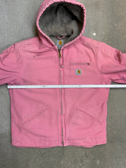1990s Carhartt Lined Sherpa Hooded Active Jacket WJ141 PKR. Faded bubblegum (womens Small) (Youth Medium 8-10)