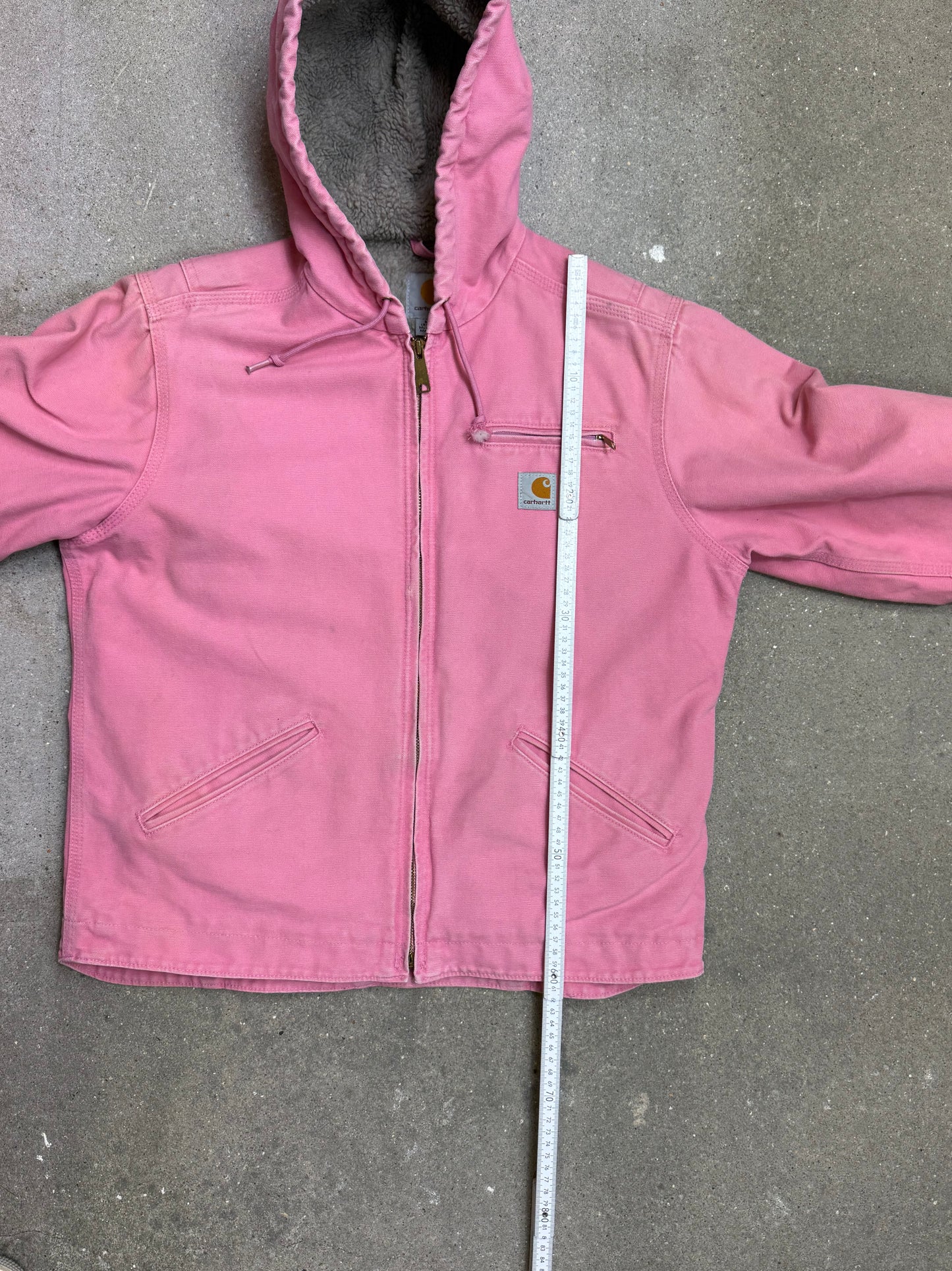 1990s Carhartt Lined Sherpa Hooded Active Jacket WJ141 PKR. Faded bubblegum (womens Small) (Youth Medium 8-10)
