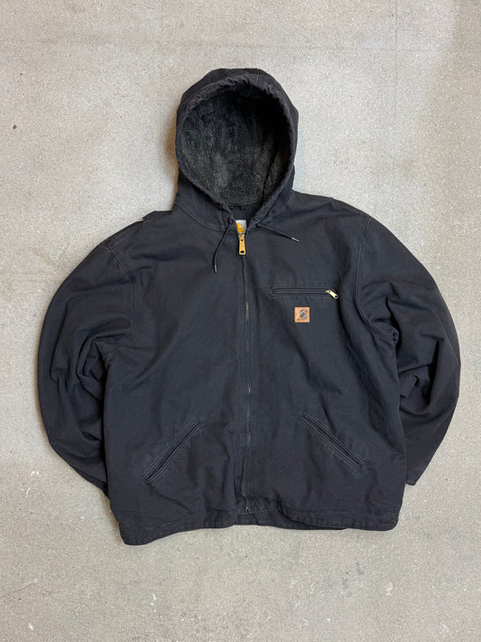 1990s Carhartt J141-BLK Mens Black Sherpa Lined Work Hooded Active Jacket (size XL Regular) Made in Mexico