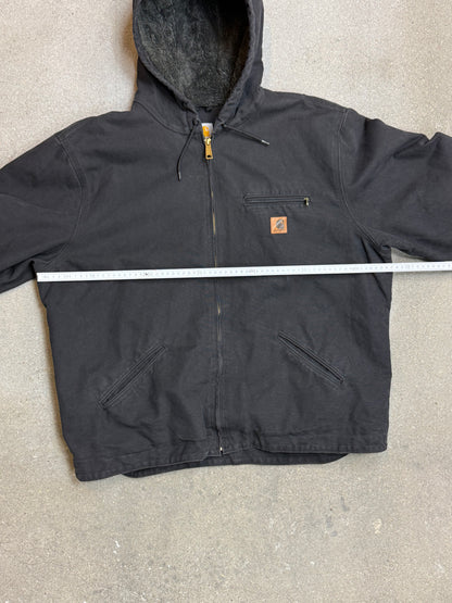 1990s Carhartt J141-BLK Mens Black Sherpa Lined Work Hooded Active Jacket (size XL Regular) Made in Mexico