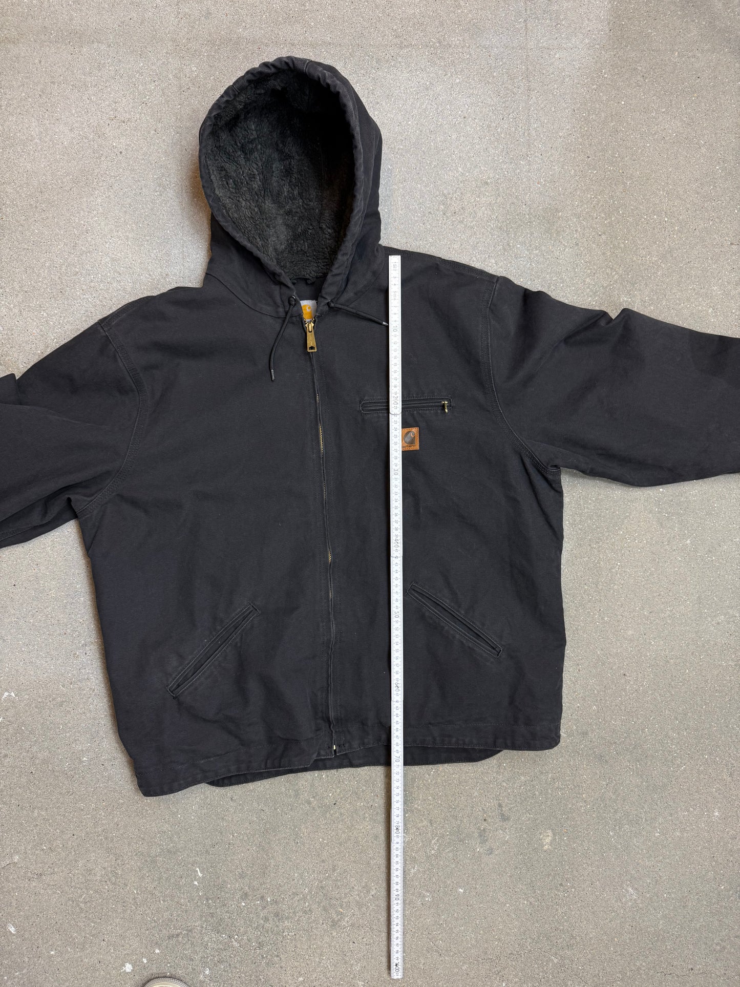 1990s Carhartt J141-BLK Mens Black Sherpa Lined Work Hooded Active Jacket (size XL Regular) Made in Mexico