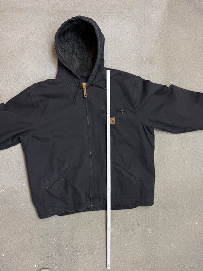 1990s Carhartt J141-BLK Mens Black Sherpa Lined Work Hooded Active Jacket (size XL Regular) Made in Mexico