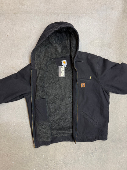 1990s Carhartt J141-BLK Mens Black Sherpa Lined Work Hooded Active Jacket (size XL Regular) Made in Mexico