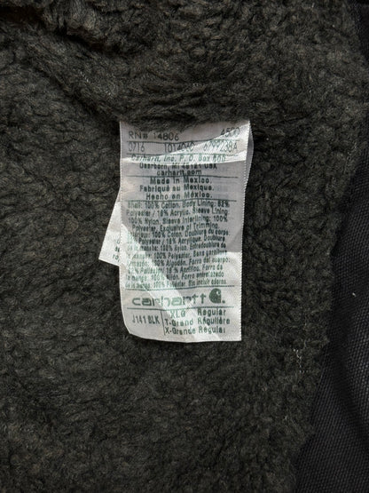 1990s Carhartt J141-BLK Mens Black Sherpa Lined Work Hooded Active Jacket (size XL Regular) Made in Mexico