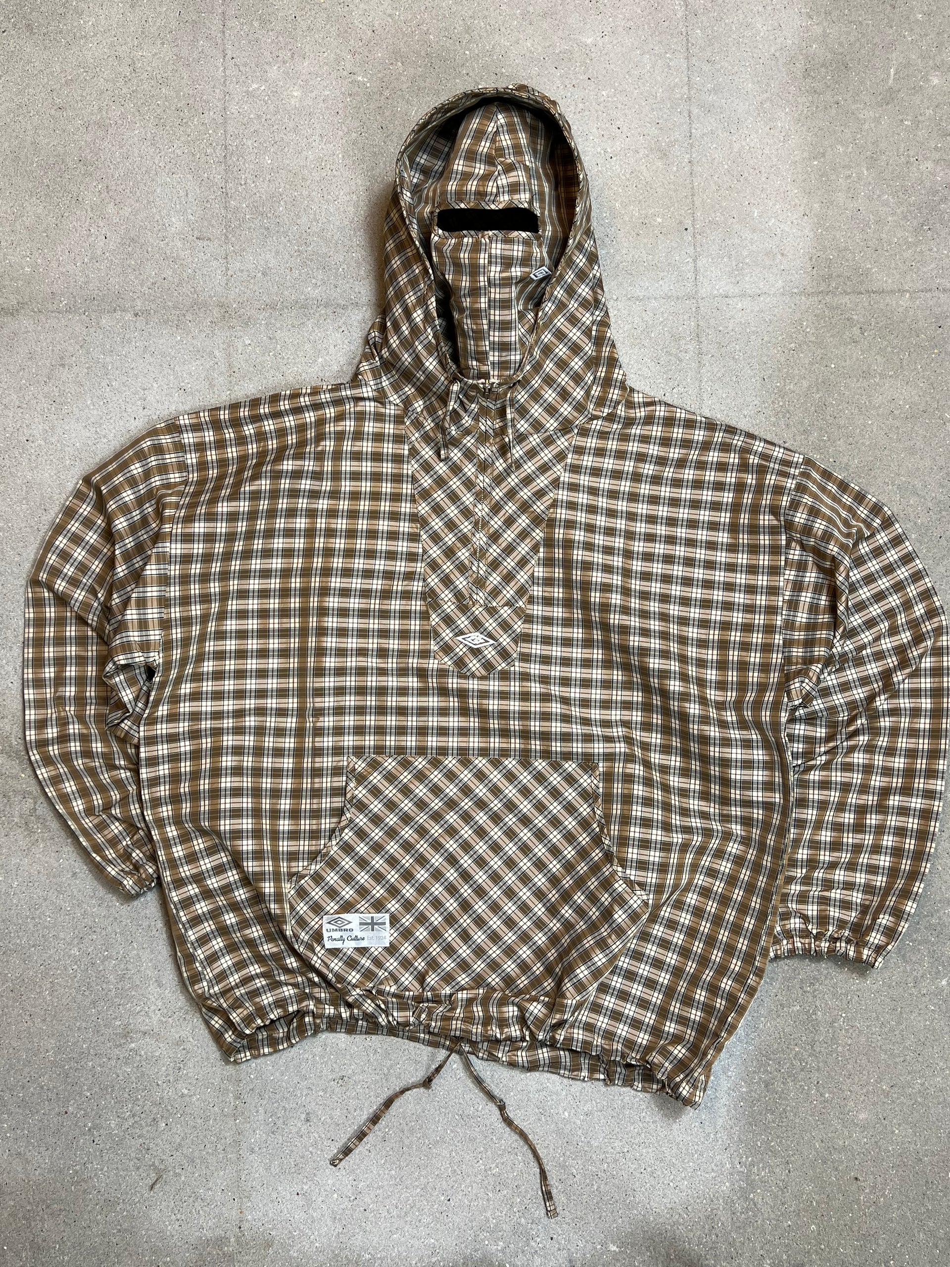 BROWN BEIGE UMBRO x SLAM JAM MASKED HOOD PLAID OVERSHIRT (XLARGE