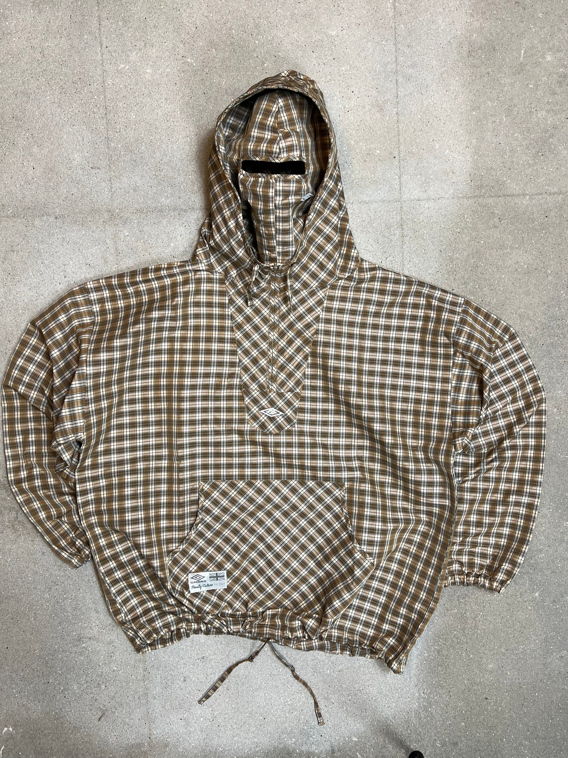 BROWN BEIGE UMBRO x SLAM JAM MASKED HOOD PLAID OVERSHIRT (XLARGE BROWN BEIGE UMBRO x SLAM JAM MASKED HOOD PLAID OVERSHIRT (XLARGE