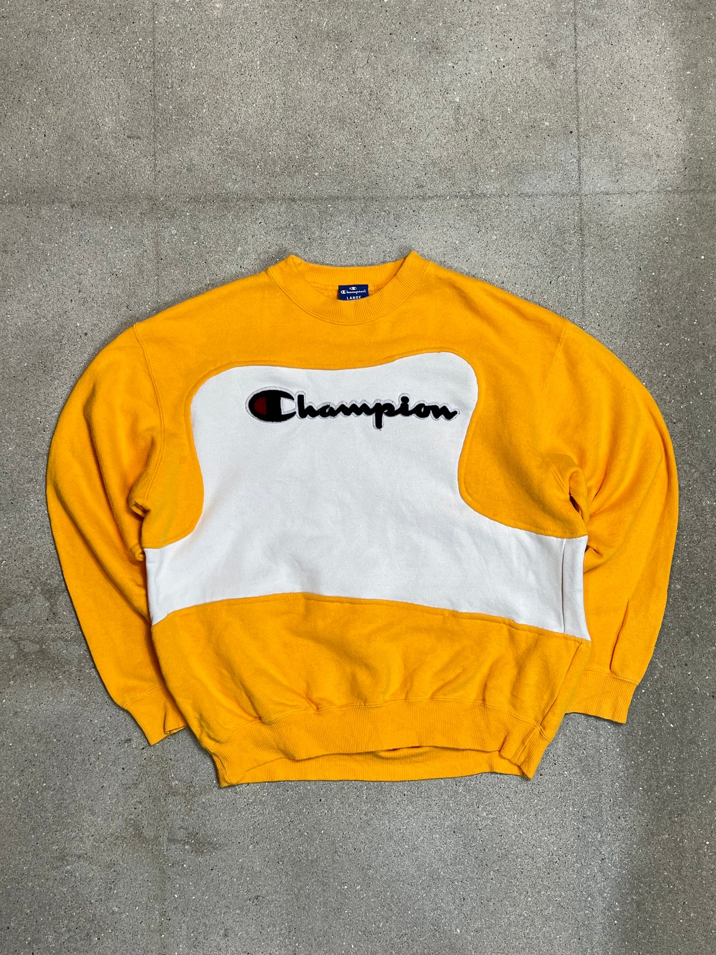 WHITE YELLOW VINTAGE CHAMPION RENEWED UPCYCLED SWEATSHIRT (MEDIUM)