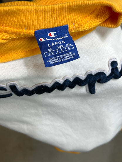 WHITE YELLOW VINTAGE CHAMPION RENEWED UPCYCLED SWEATSHIRT (MEDIUM)