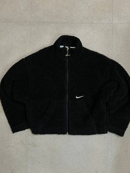Black vintage Nike big swoosh backprint cropped teddy sherpa jacket (Medium)