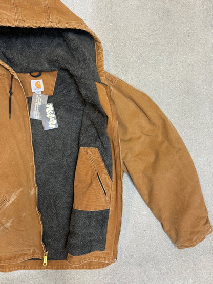 1990s Carhartt J141-211 Mens Brown Sherpa Lined Work Hooded Active Jacket (size XL Regular) Made in Mexico