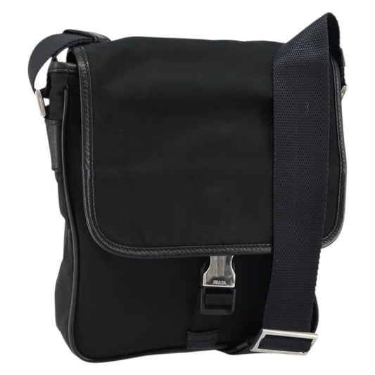 PRADA Shoulder Bag Nylon Leather Black Silver Auth bs30341
