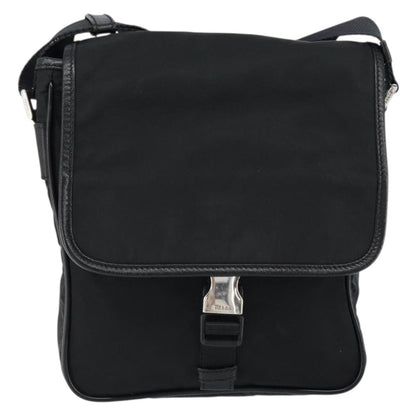 PRADA Shoulder Bag Nylon Leather Black Silver Auth bs30341