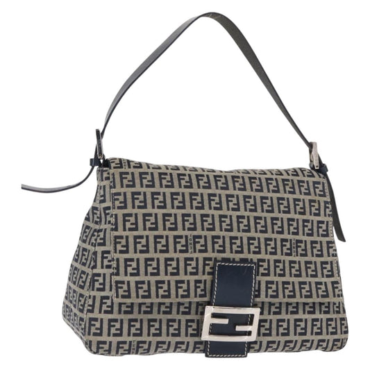 FENDI Zucchino Canvas Mamma Baguette Shoulder Bag Navy Silver